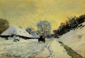 Une charrette sur la route couverte de neige avec la ferme Saint Siméon Claude Monet
